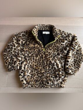 Treasure & Bond Leopard Print Faux Fur Half-Zip Jacket w Neon Zip - Size S 7/8